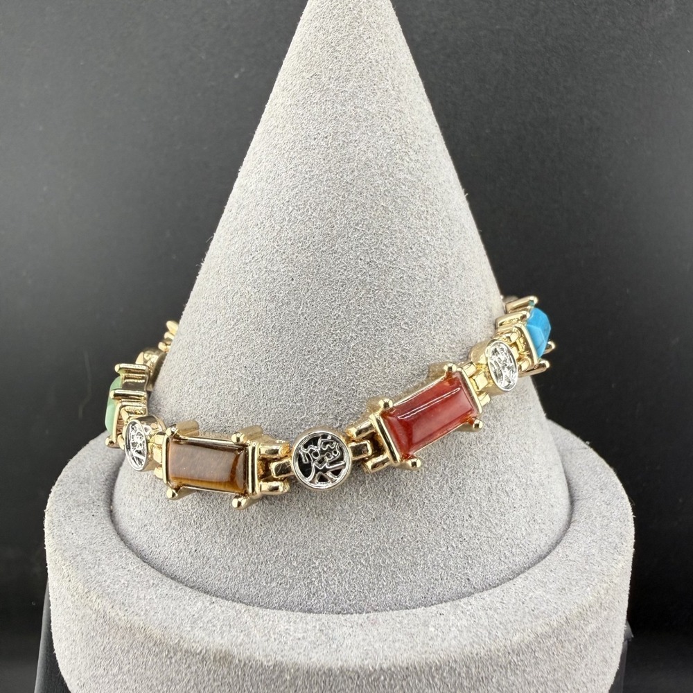 Polished Gem Stone Bracelet Gold Tone Good Luck 7.5"